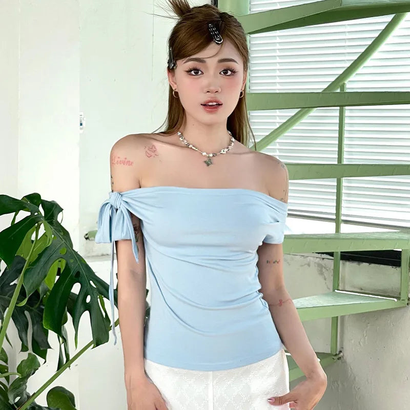 Women’s Elegant Off-Shoulder Ribbon Tie Top – Light Blue Casual Chic Blouse