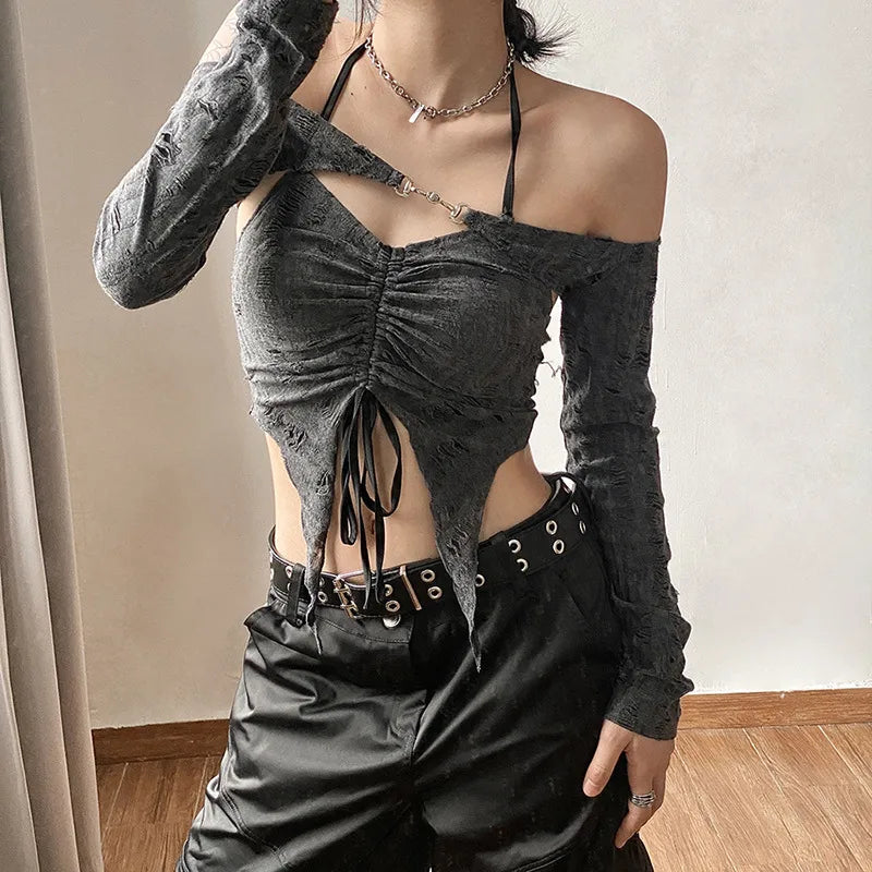 Slim-fit Navel Fashion Pleated Neck T-shirt