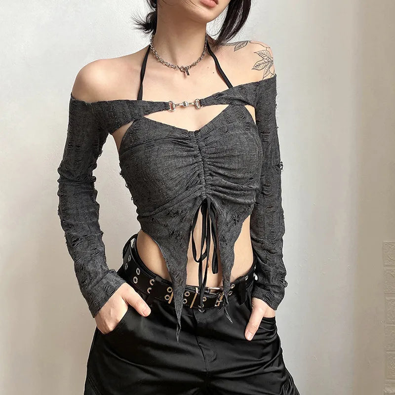 Slim-fit Navel Fashion Pleated Neck T-shirt