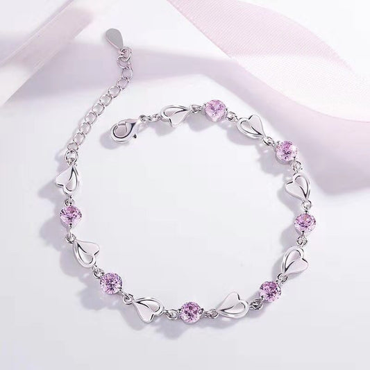 Romantic Pink Zircon Heart Link Bracelet – Elegant Adjustable Chain Jewelry'