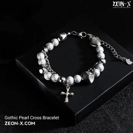 Gothic Pearl Cross Bracelet (Code-ZX#747)