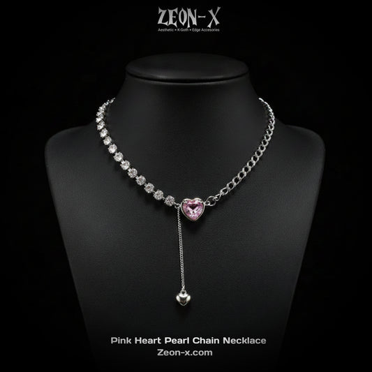 Pink Heart Pearl Chain Necklace (Code-ZX#579)
