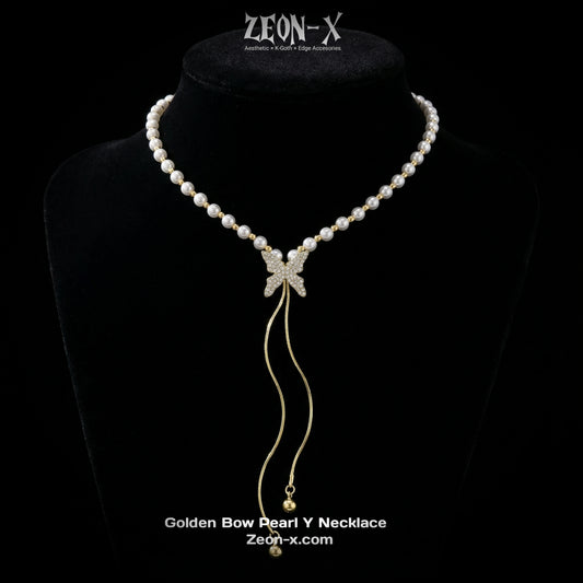 Golden Bow Pearl Y Necklace (Code-ZX#578)