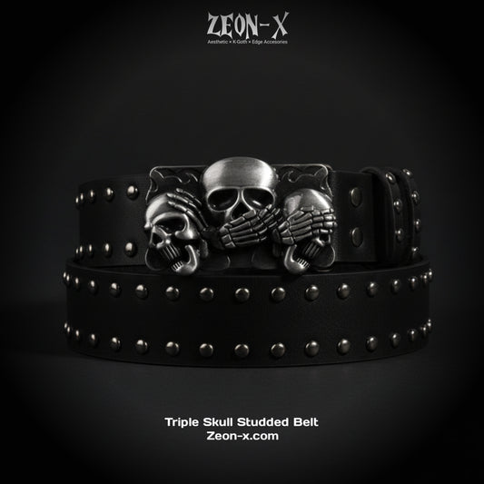 Triple Skull Studded Leather Belt (Code: ZX#87)