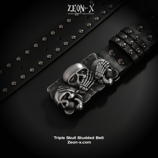 Triple Skull Studded Leather Belt (Code: ZX#87)