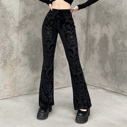 Women's Gothic Velvet High Waist Flare Pants – Dark Vintage Baroque Pattern Bell Bottom Trousers