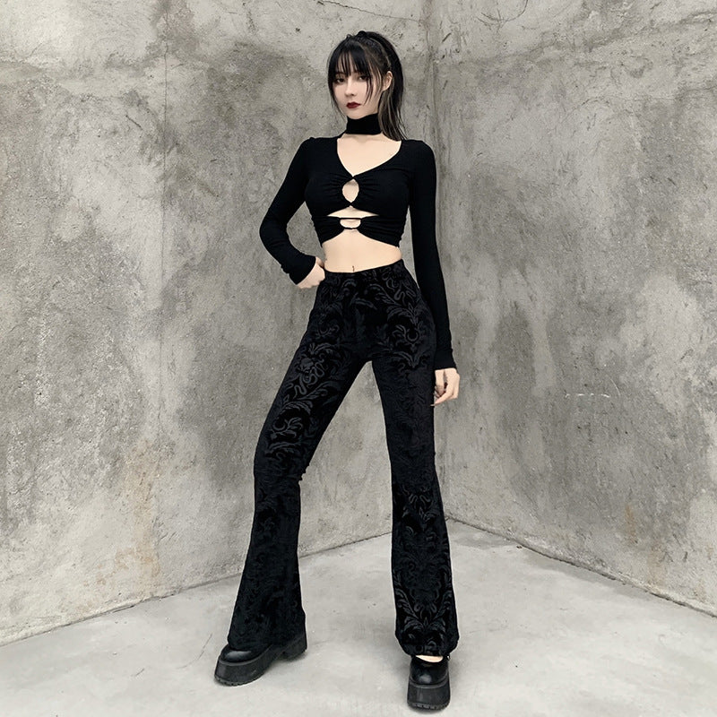 Women's Gothic Velvet High Waist Flare Pants – Dark Vintage Baroque Pattern Bell Bottom Trousers
