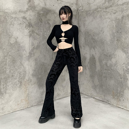 Women's Gothic Velvet High Waist Flare Pants – Dark Vintage Baroque Pattern Bell Bottom Trousers