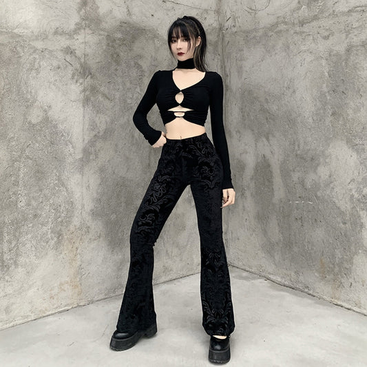 Women's Gothic Velvet High Waist Flare Pants – Dark Vintage Baroque Pattern Bell Bottom Trousers