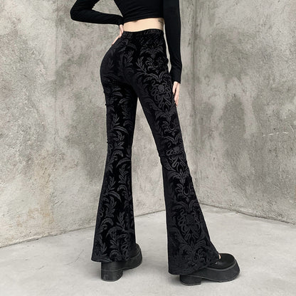 Women's Gothic Velvet High Waist Flare Pants – Dark Vintage Baroque Pattern Bell Bottom Trousers
