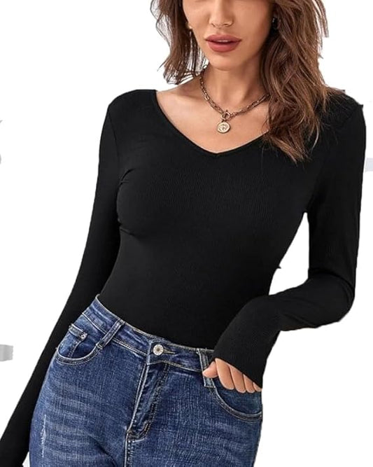 Women’s V-Neck Slim Fit Top – Long Sleeve Elegant Basic