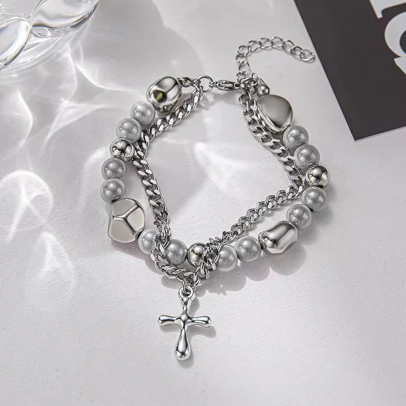 Gothic Pearl Cross Bracelet (Code-ZX#747)