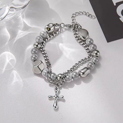 Gothic Pearl Cross Bracelet (Code-ZX#747)