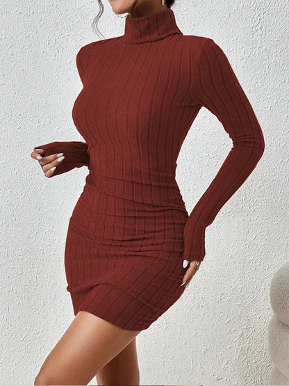 omen's Elegant Ribbed Knit Bodycon Mini Dress – Long Sleeve High Neck Slim Fit Winter Outfit