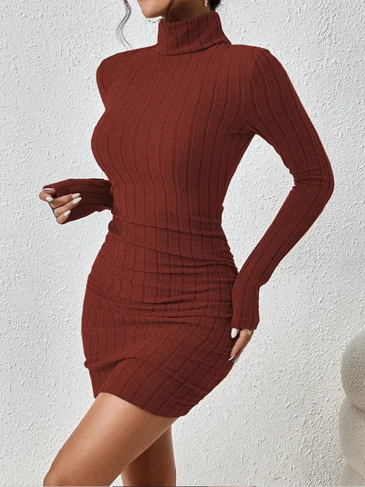 omen's Elegant Ribbed Knit Bodycon Mini Dress – Long Sleeve High Neck Slim Fit Winter Outfit
