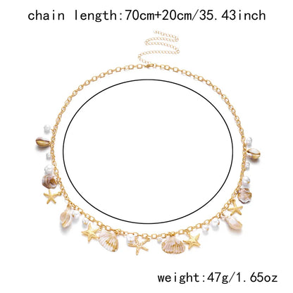Women’s Boho Beach Waist Chain – Resin Pearl Body Chain with Starfish & Conch Shell Design