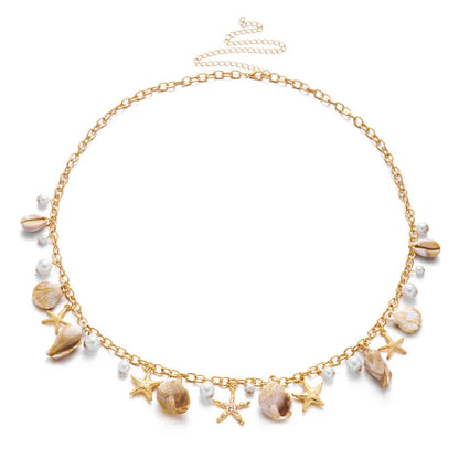 Women’s Boho Beach Waist Chain – Resin Pearl Body Chain with Starfish & Conch Shell Design