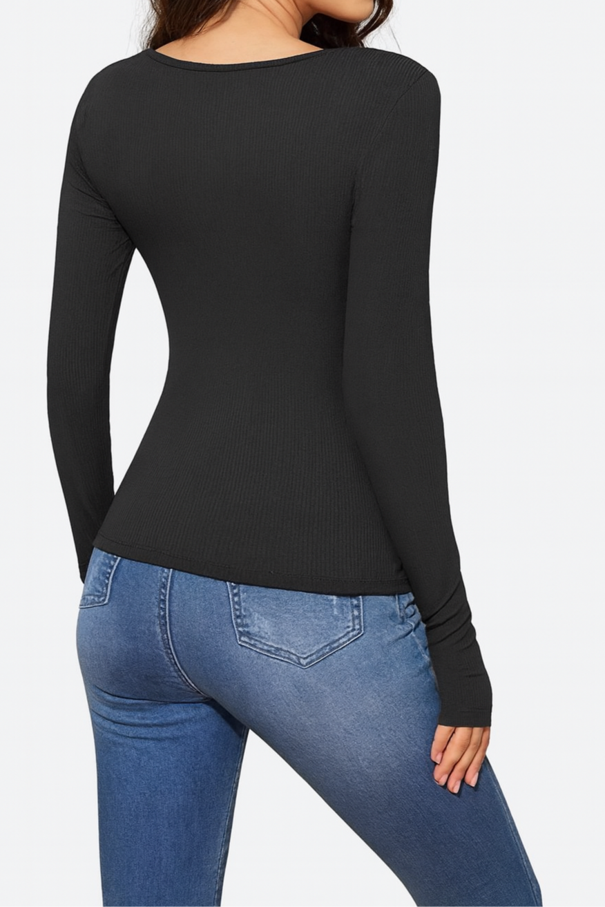 Women’s V-Neck Slim Fit Top – Long Sleeve Elegant Basic
