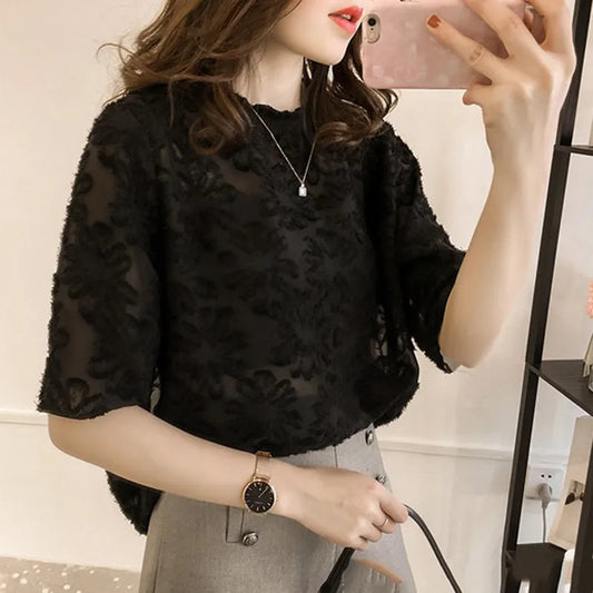 Women's Elegant Floral Lace Chiffon Blouse – Short Sleeve Loose Fit Sheer Top, Summer Casual Chic Style