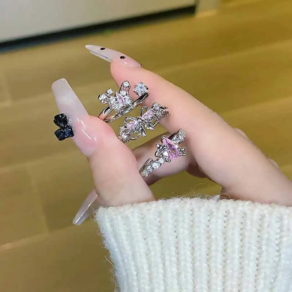 Starry Heart Bow Zircon – Adjustable Open Ring(Code: ZX#116)