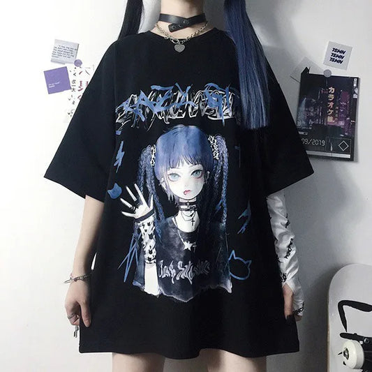 Gothic Punk Streetwear Women’s T-Shirt – Bad Anime Girl Graphic Tee, Y2K Dark Aesthetic Style