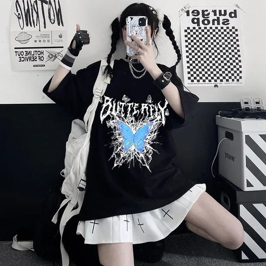 Shopee Wish Gothic Style Female T-shirt Punk Street Bad Girl Butterfly T-shirts