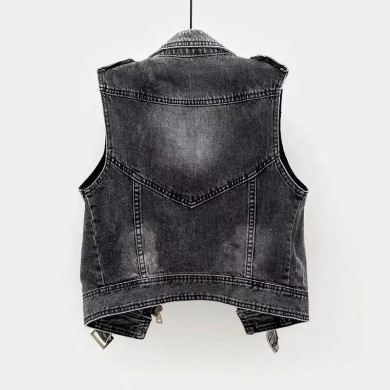 Vintage Washed Denim Biker Vest (Code-ZX#385)