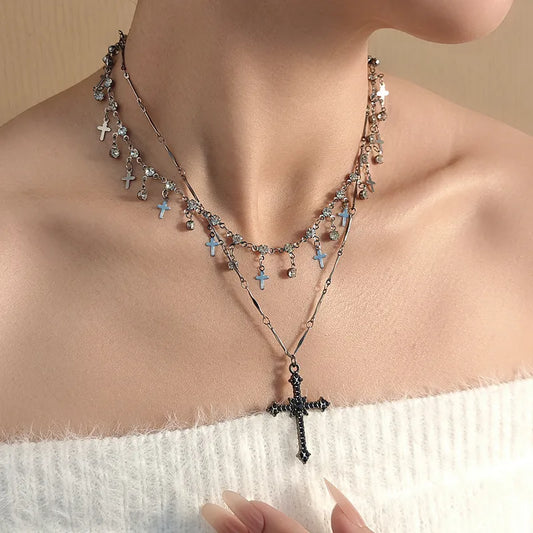 Diablo Gothic Cross Layered Necklace – Punk Clavicle Chain with Multiple Cross Charms