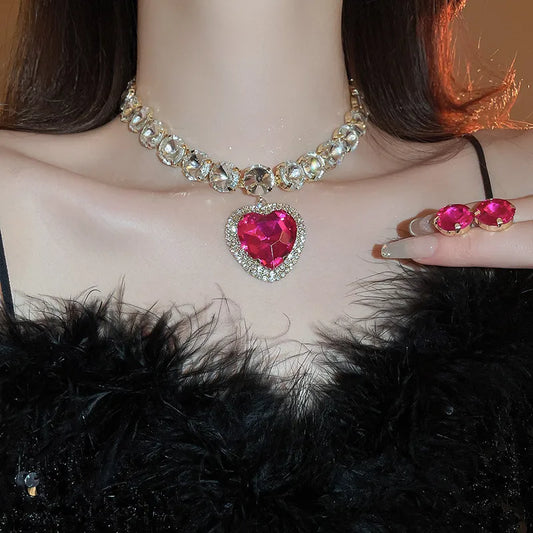 Luxury Diamond-Flower Pearl Necklace Rose Red (Two-Piece Set)
