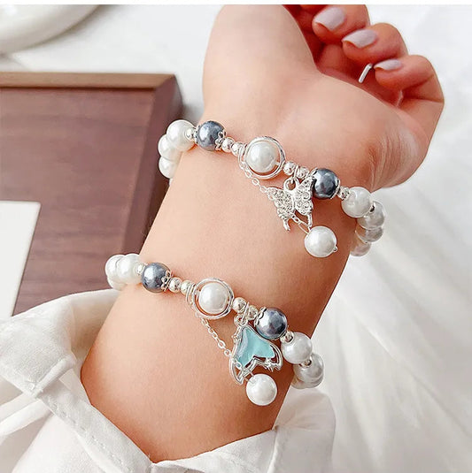 Butterfly & Fish Tail Pearl Bracelet – Romantic Beaded Adjustable Jewelry