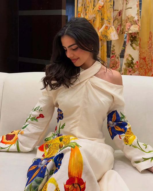 Elegant Long Printed Dress – Cross Neck, Off-Shoulder Cotton-Polyester Blend, Long Sleeve A-Line Ankle-Length Gown