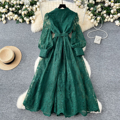 Women's Elegant French Lace Maxi Dress – Long Lantern Sleeve Embroidered A-Line Gown with Waist