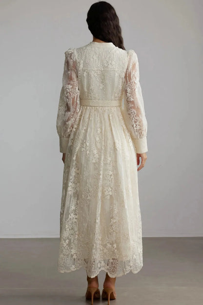 Women's Elegant French Lace Maxi Dress – Long Lantern Sleeve Embroidered A-Line Gown with Waist