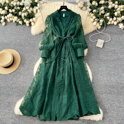 Women's Elegant French Lace Maxi Dress – Long Lantern Sleeve Embroidered A-Line Gown with Waist