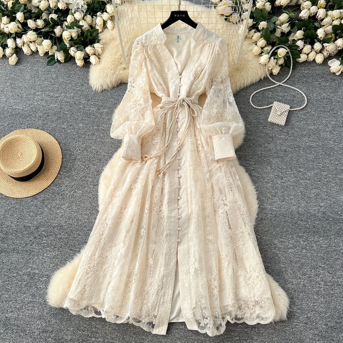 Women's Elegant French Lace Maxi Dress – Long Lantern Sleeve Embroidered A-Line Gown with Waist