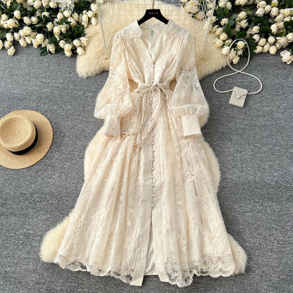 Women's Elegant French Lace Maxi Dress – Long Lantern Sleeve Embroidered A-Line Gown with Waist