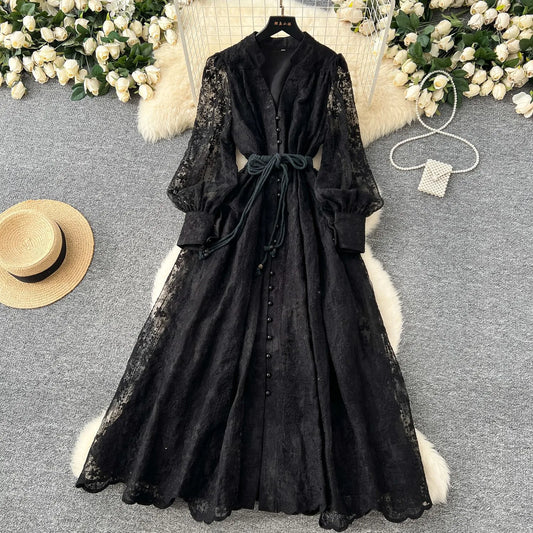 Women's Elegant French Lace Maxi Dress – Long Lantern Sleeve Embroidered A-Line Gown with Waist