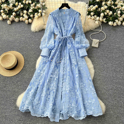 Women's Elegant French Lace Maxi Dress – Long Lantern Sleeve Embroidered A-Line Gown with Waist