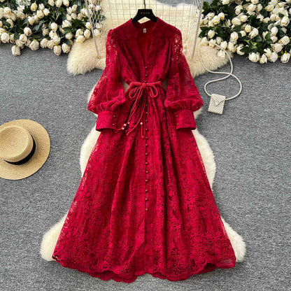Women's Elegant French Lace Maxi Dress – Long Lantern Sleeve Embroidered A-Line Gown with Waist