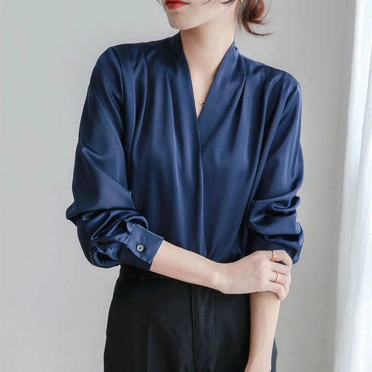 French White V-Neck Long Sleeve Drapey Office Shirt
