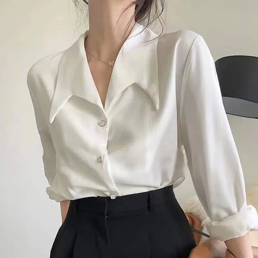 Women’s Elegant French Style White Shirt – High Collar Long Sleeve Professional Business Top
