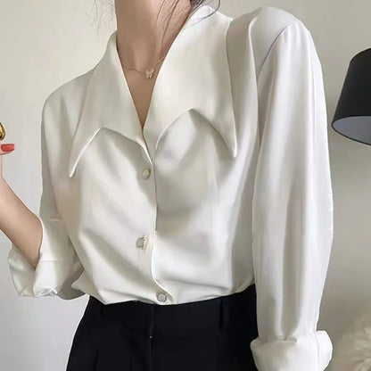 Women’s Elegant French Style White Shirt – High Collar Long Sleeve Professional Business Top