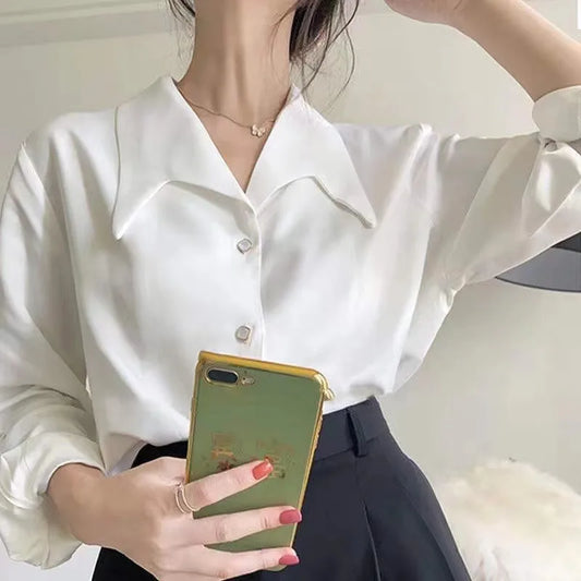 Women’s Elegant French Style White Shirt – High Collar Long Sleeve Professional Business Top