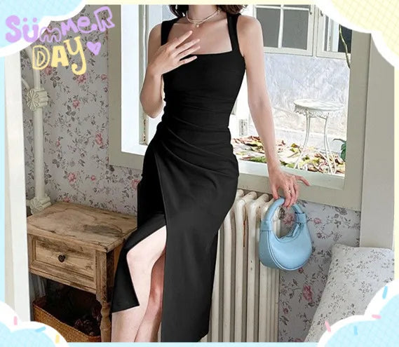 Women's Elegant French Square Neck Sleeveless Maxi Dress – Waist Cinching Slit Long Gown