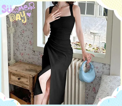 Women's Elegant French Square Neck Sleeveless Maxi Dress – Waist Cinching Slit Long Gown