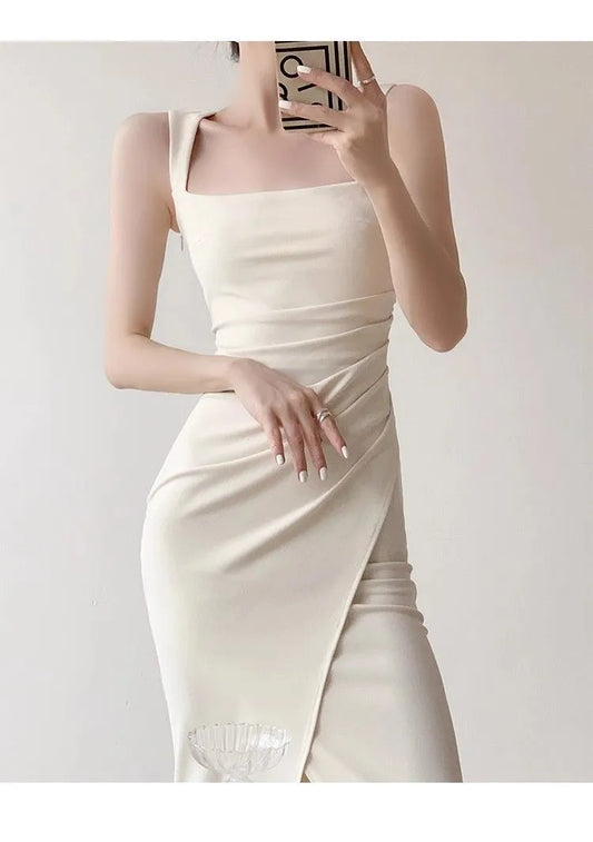 Women's Elegant French Square Neck Sleeveless Maxi Dress – Waist Cinching Slit Long Gown