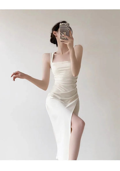 Women's Elegant French Square Neck Sleeveless Maxi Dress – Waist Cinching Slit Long Gown