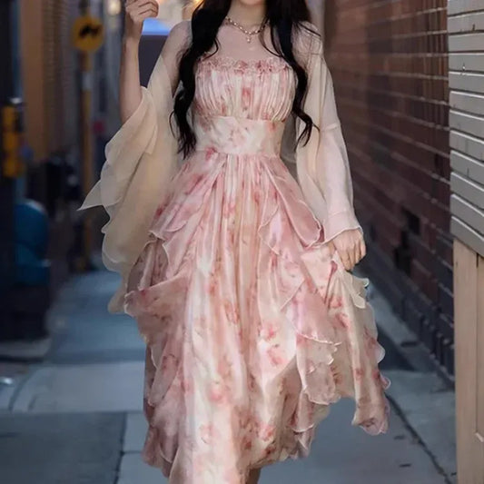 Elegant Floral Ruffled Maxi Dress with Sheer Cardigan – Women's Summer Fairy Style Two-Piece Set