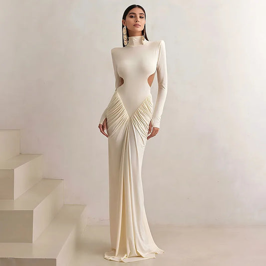 Elegant High Collar Long Sleeve Bodycon Maxi Dress – Slim Fit, Side Cut-Out, Ruched Waist, Evening Gown for Women