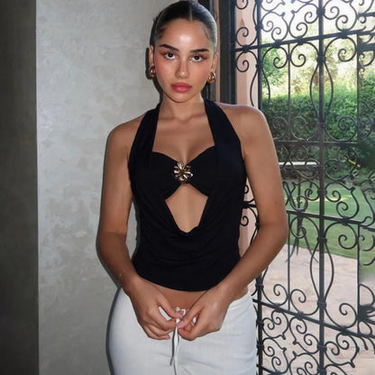 Women's Elegant Halter Neck Sleeveless Top – Sexy Hollow Out Backless Summer Casual Crop T-Shirt